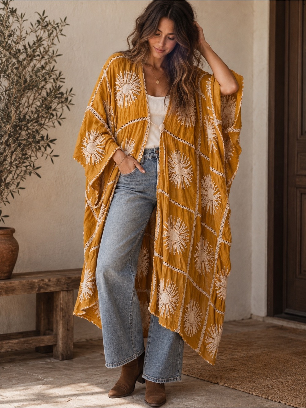 MOMO New York Mustard Embroidered Boho Kimono Duster OS